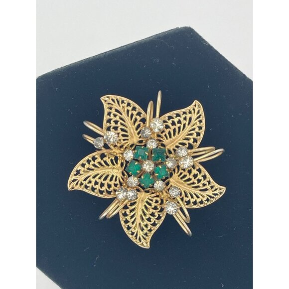 Vintage Gold Tone Brooch Pendant Star Flower Green and Clear Rhinestones 2" - Picture 2 of 11